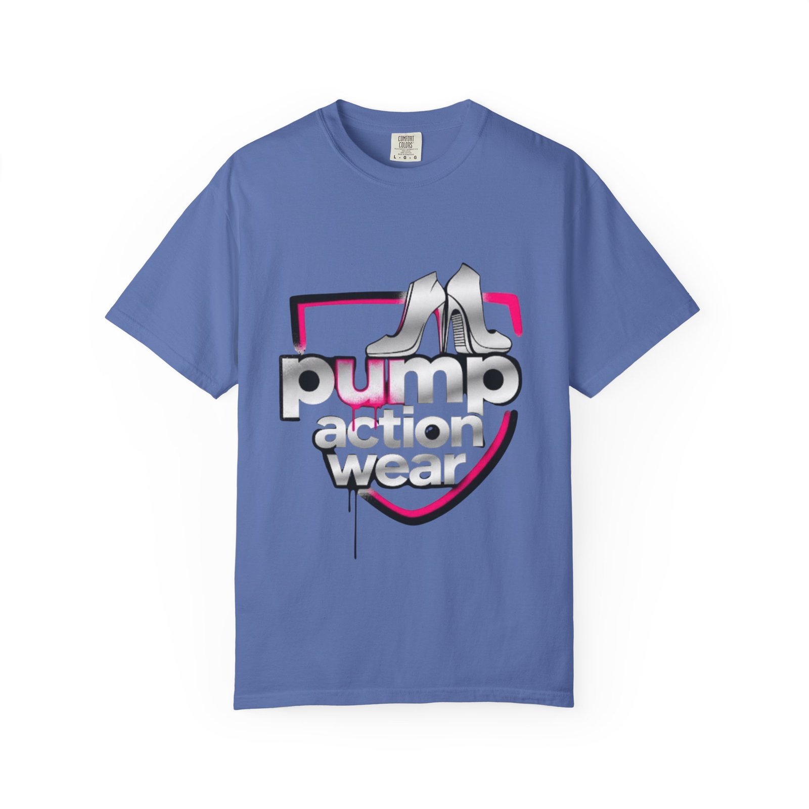 Pump Action Wear T-Shirt — Retro Metallic Heels Logo Tee - Image 29