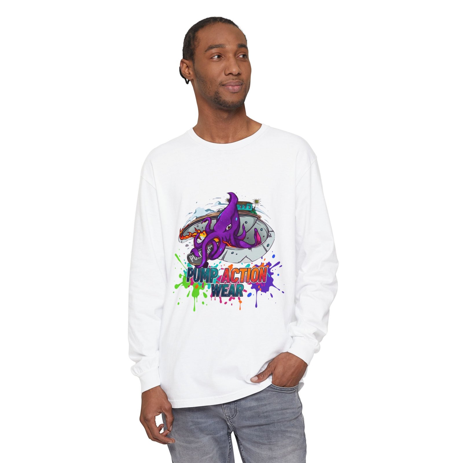 Action Octopus Long Sleeve Tee - "Pump Action Wear" Graphic Shirt - Image 3