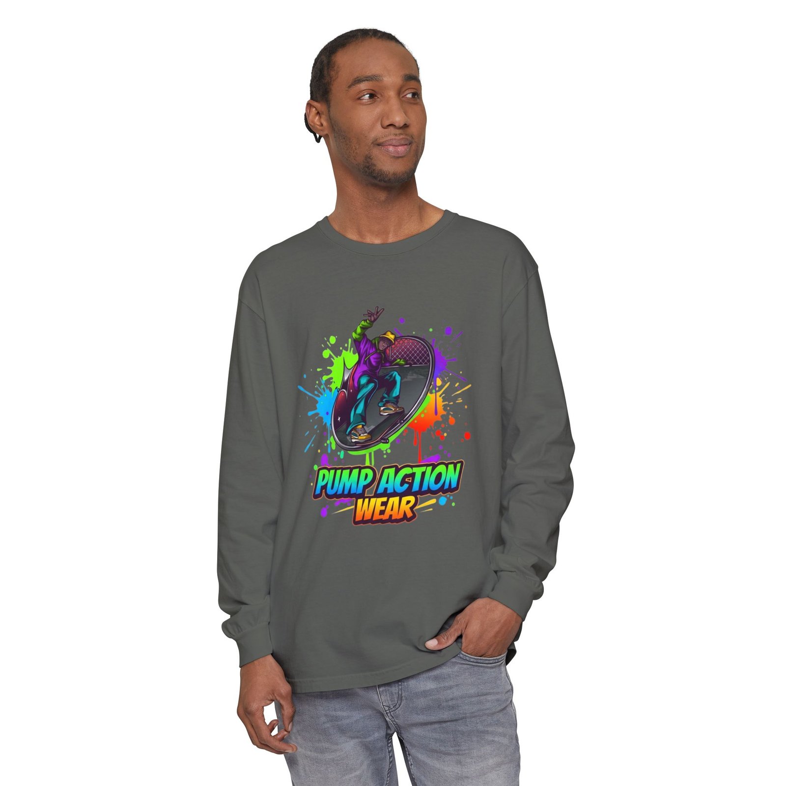 Long Sleeve T-Shirt — "Pump Action Wear" Paint-Splash Skate Graphic - Image 27