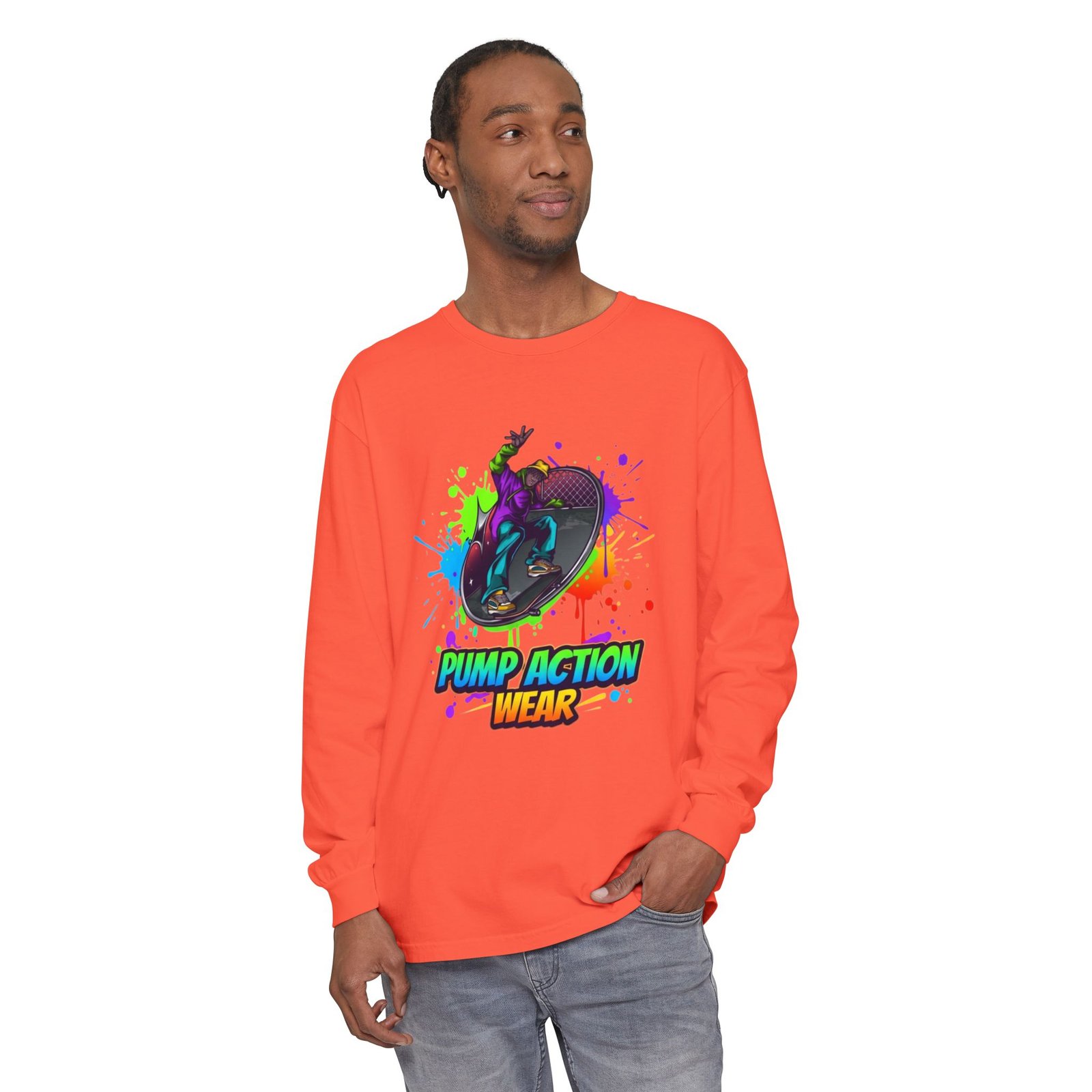 Long Sleeve T-Shirt — "Pump Action Wear" Paint-Splash Skate Graphic - Image 11