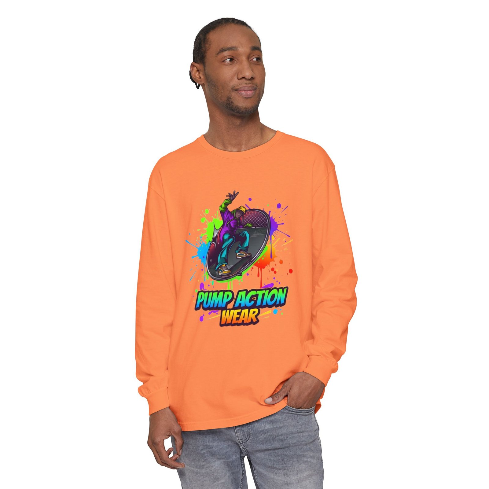 Long Sleeve T-Shirt — "Pump Action Wear" Paint-Splash Skate Graphic - Image 7