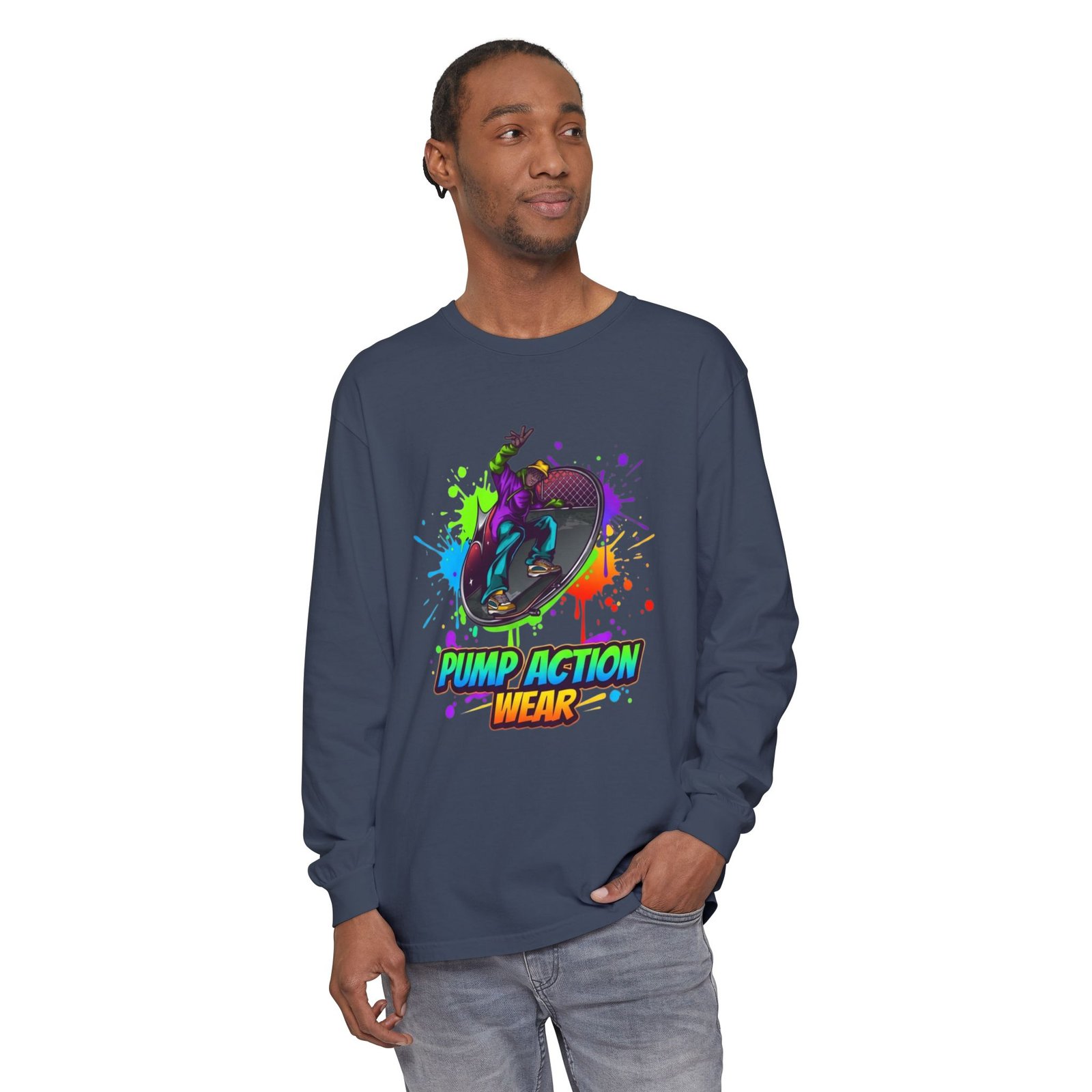 Long Sleeve T-Shirt — "Pump Action Wear" Paint-Splash Skate Graphic - Image 67