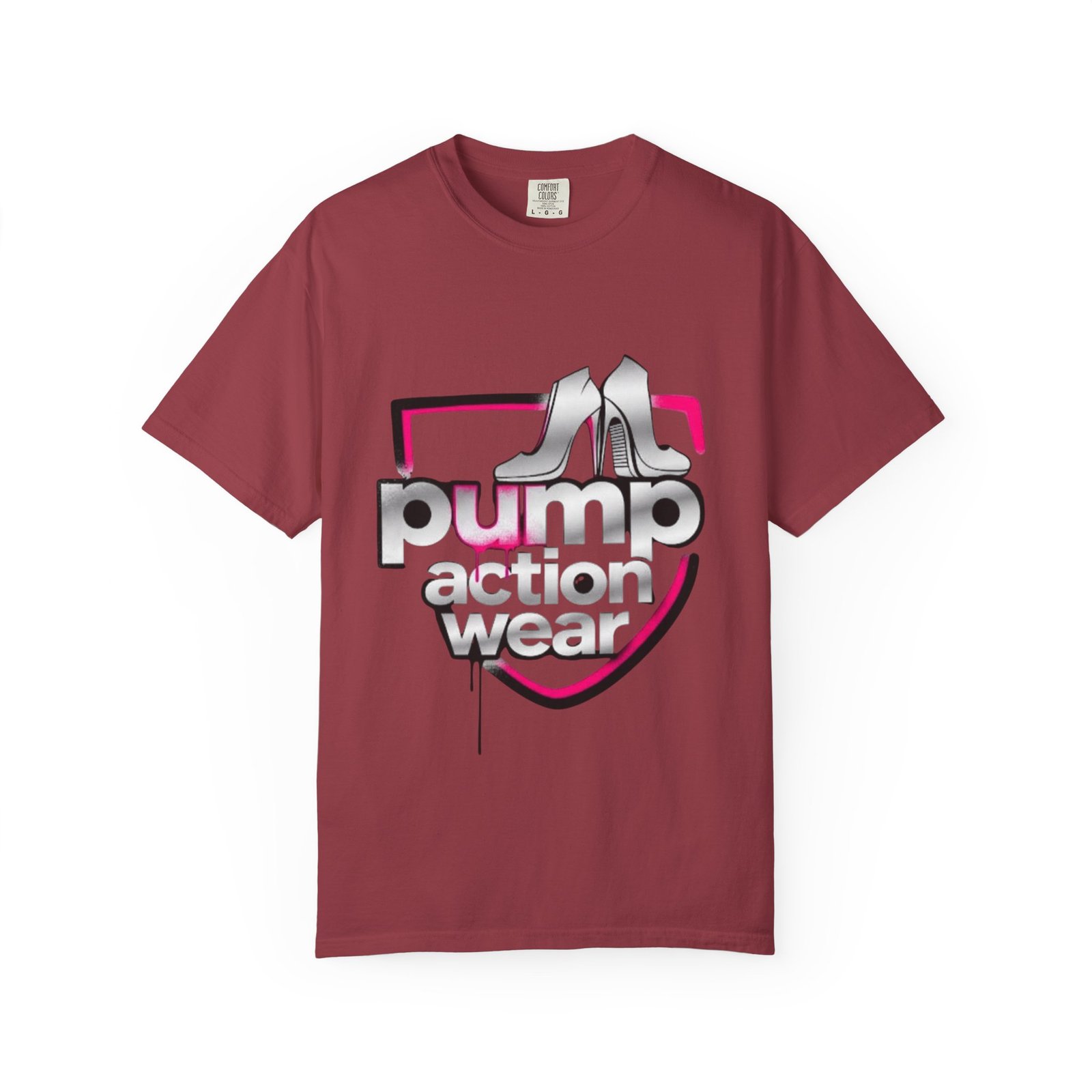 Pump Action Wear T-Shirt — Retro Metallic Heels Logo Tee - Image 49