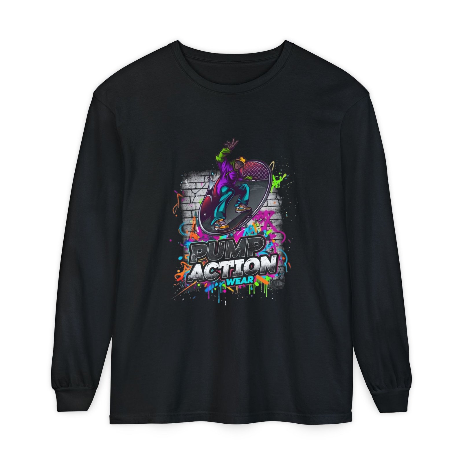 Skate Action Long Sleeve T-Shirt — Neon Skateboard Graphic - Image 61