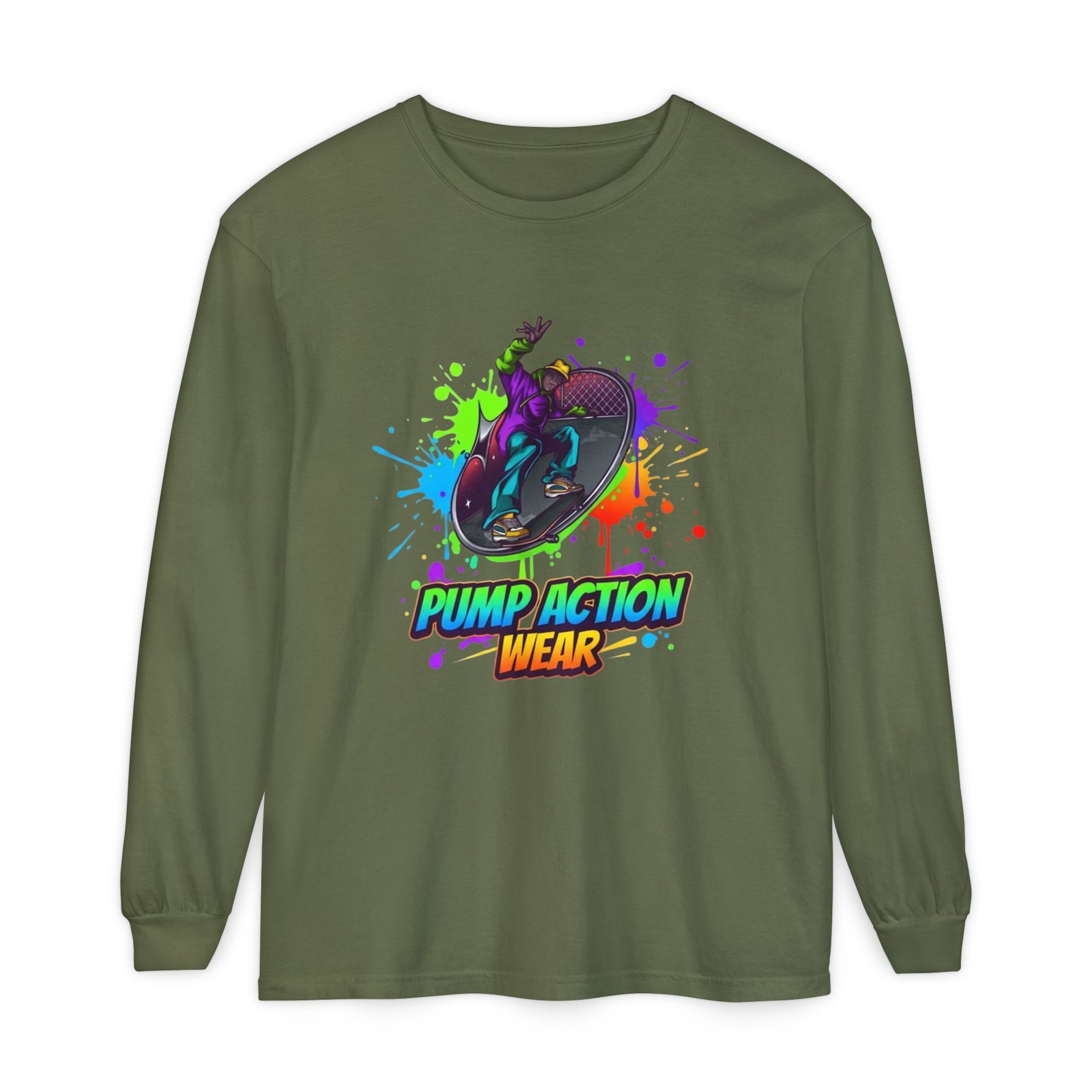 Long Sleeve T-Shirt — "Pump Action Wear" Paint-Splash Skate Graphic - Image 33