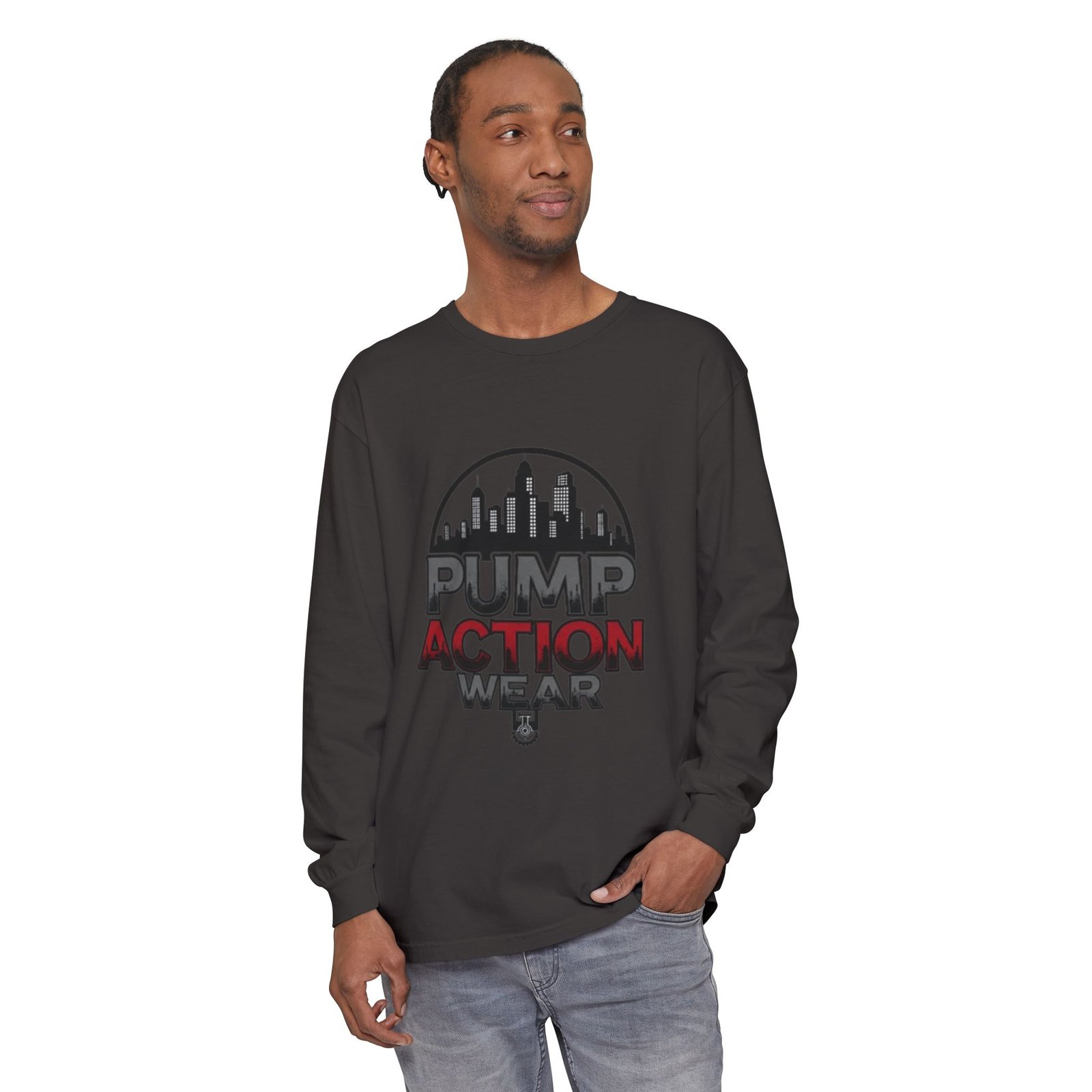 Pump Action Wear Long Sleeve Tee – Urban Skyline Graphic - Image 59