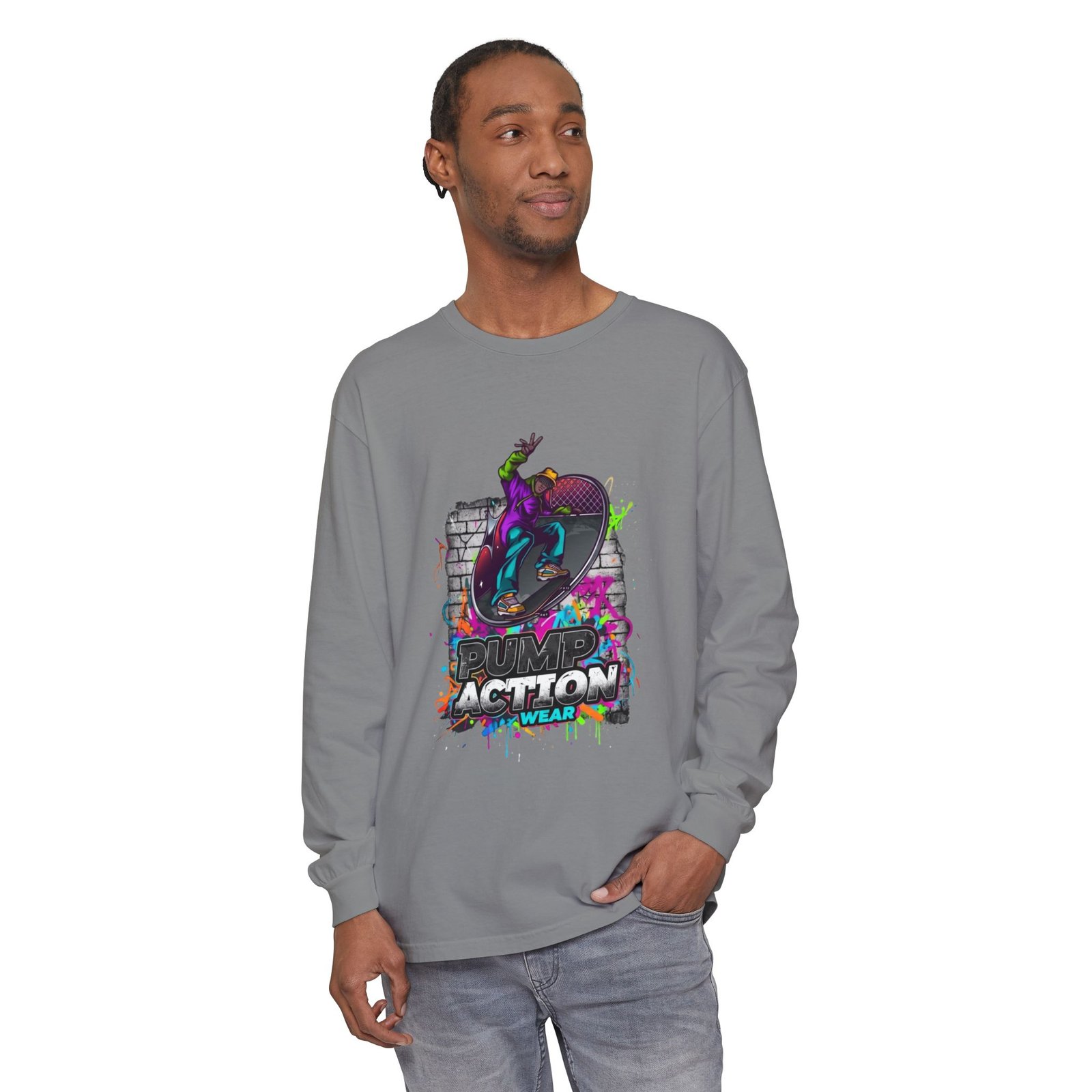 Skate Action Long Sleeve T-Shirt — Neon Skateboard Graphic - Image 43
