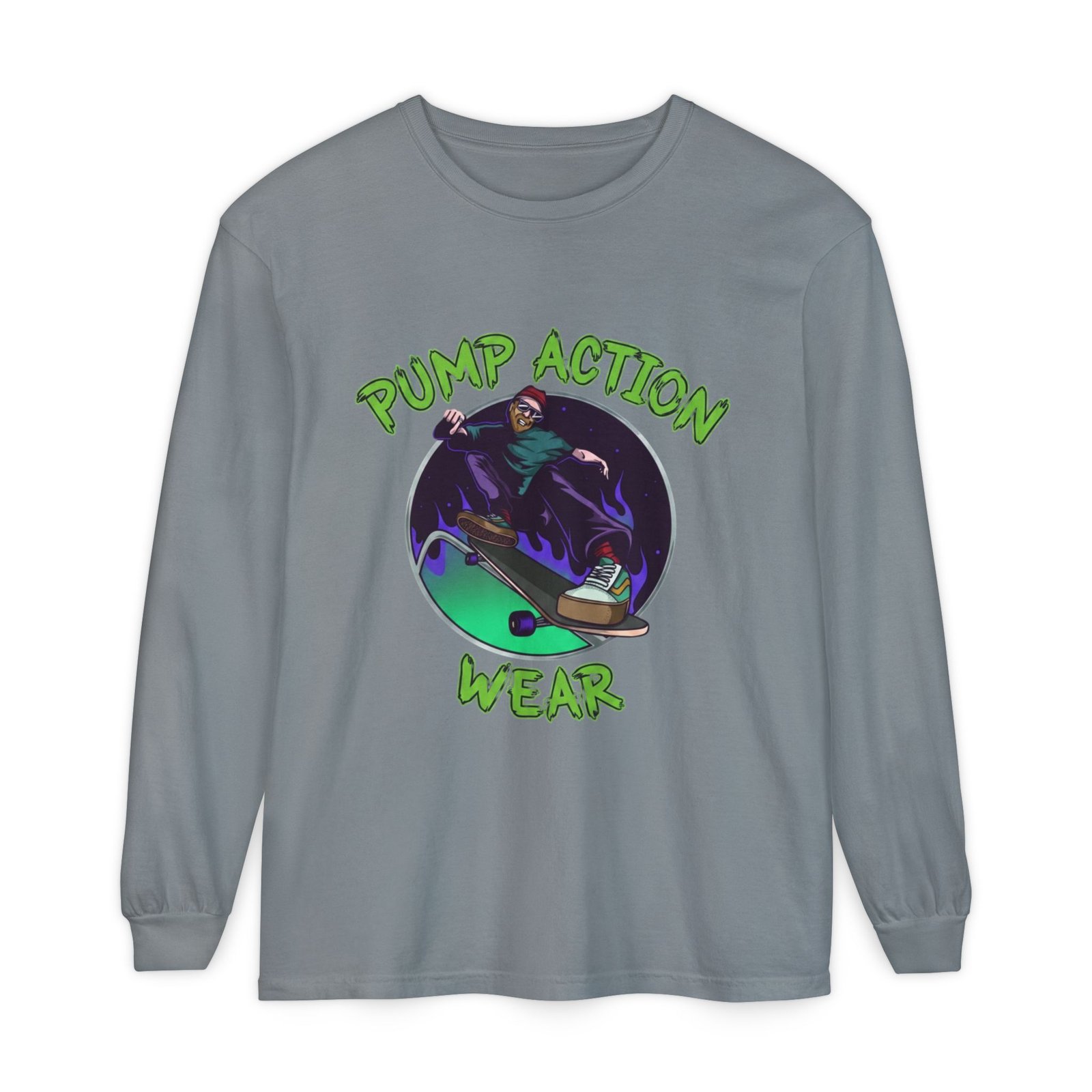 Skateboarder Graphic Long Sleeve Tee — "Pump Action Wear" - Image 49