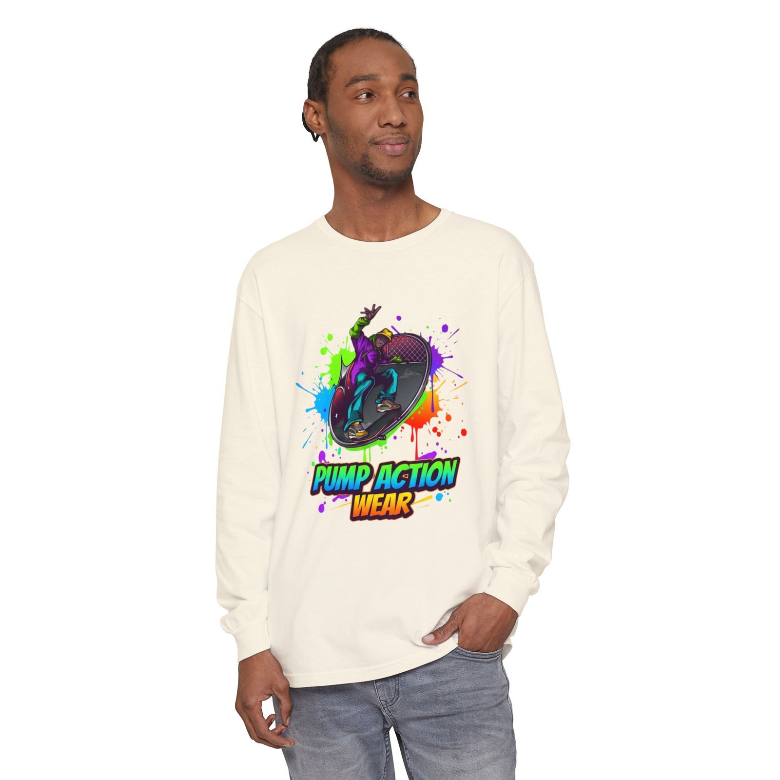 Long Sleeve T-Shirt — "Pump Action Wear" Paint-Splash Skate Graphic - Image 19
