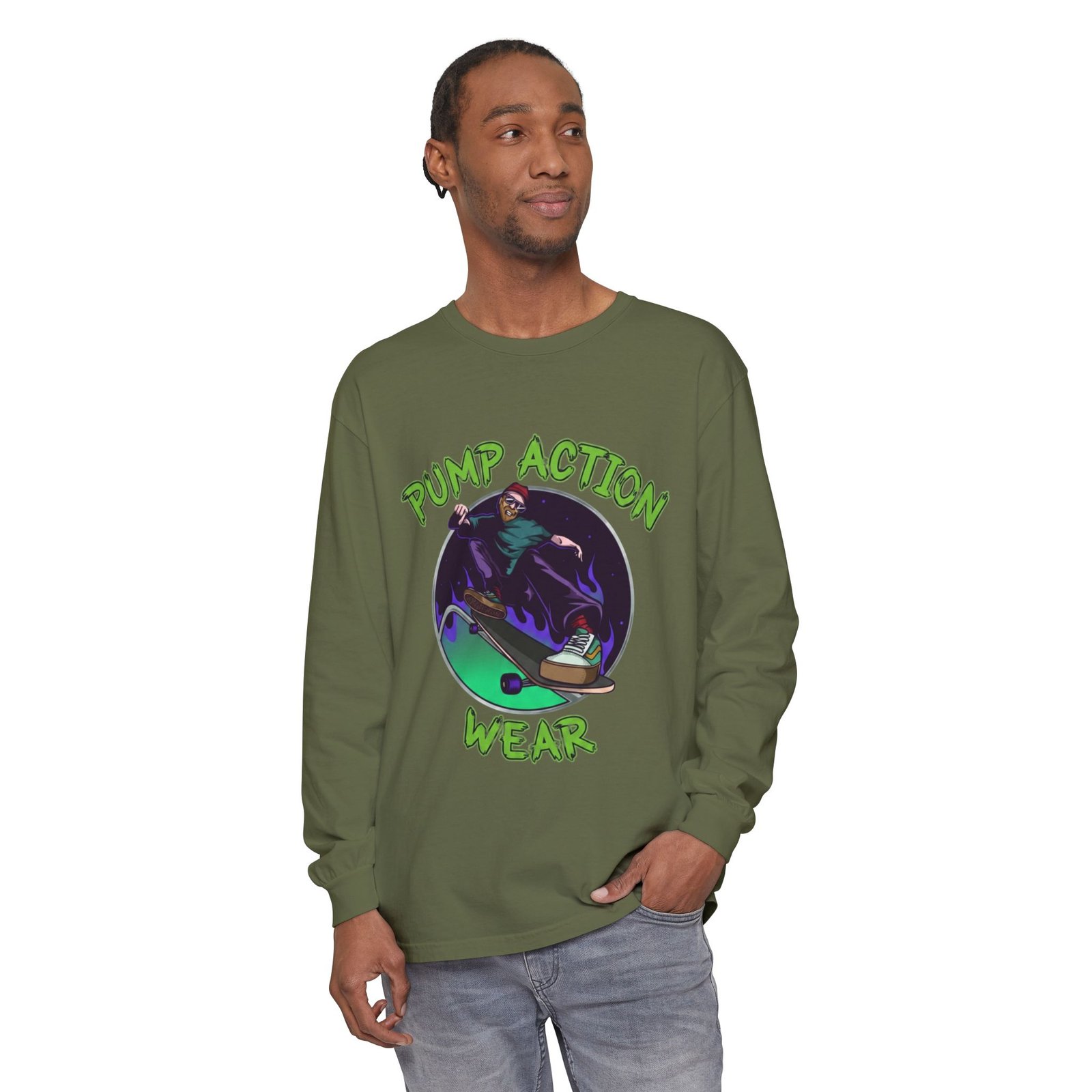 Skateboarder Graphic Long Sleeve Tee — "Pump Action Wear" - Image 43