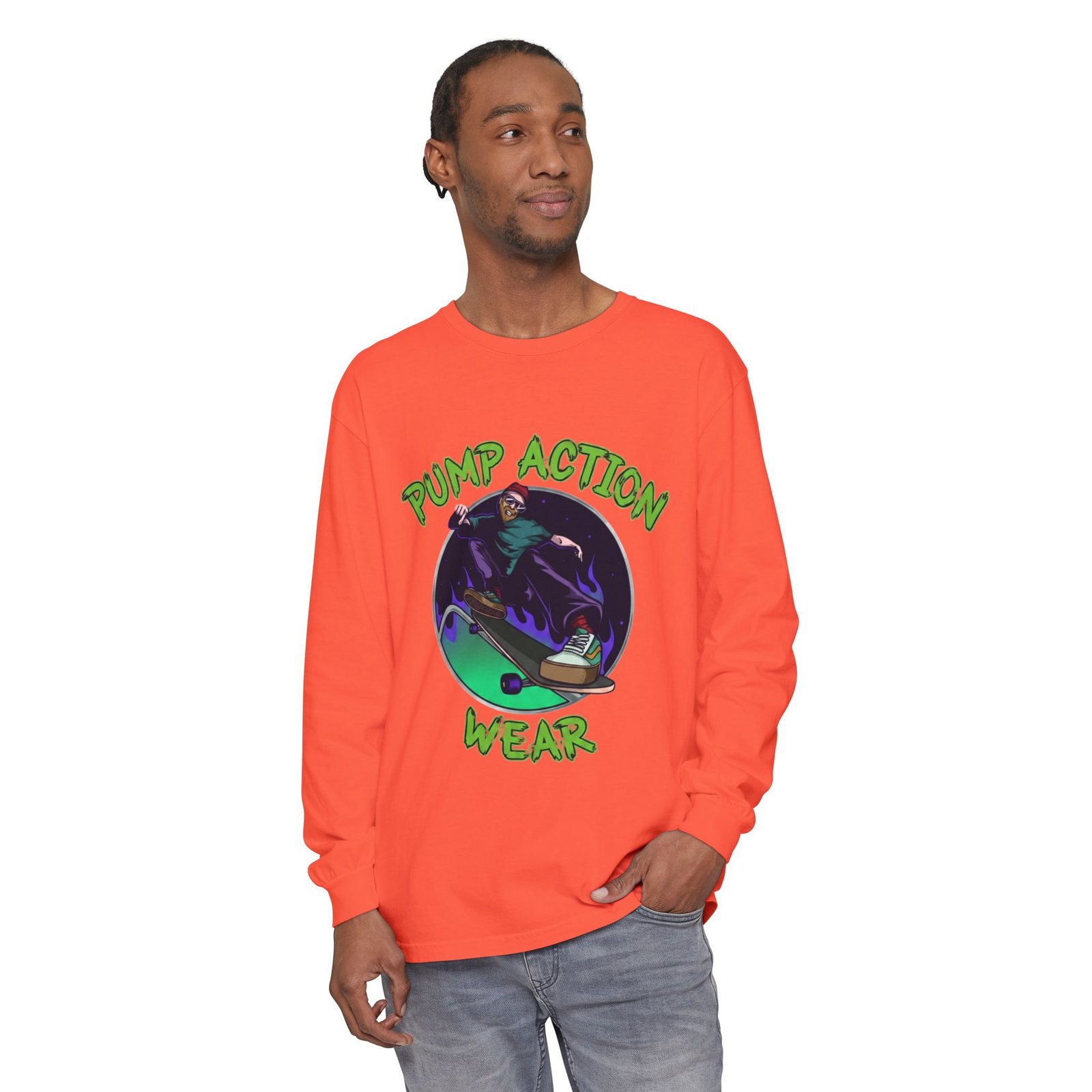 Skateboarder Graphic Long Sleeve Tee — "Pump Action Wear" - Image 11