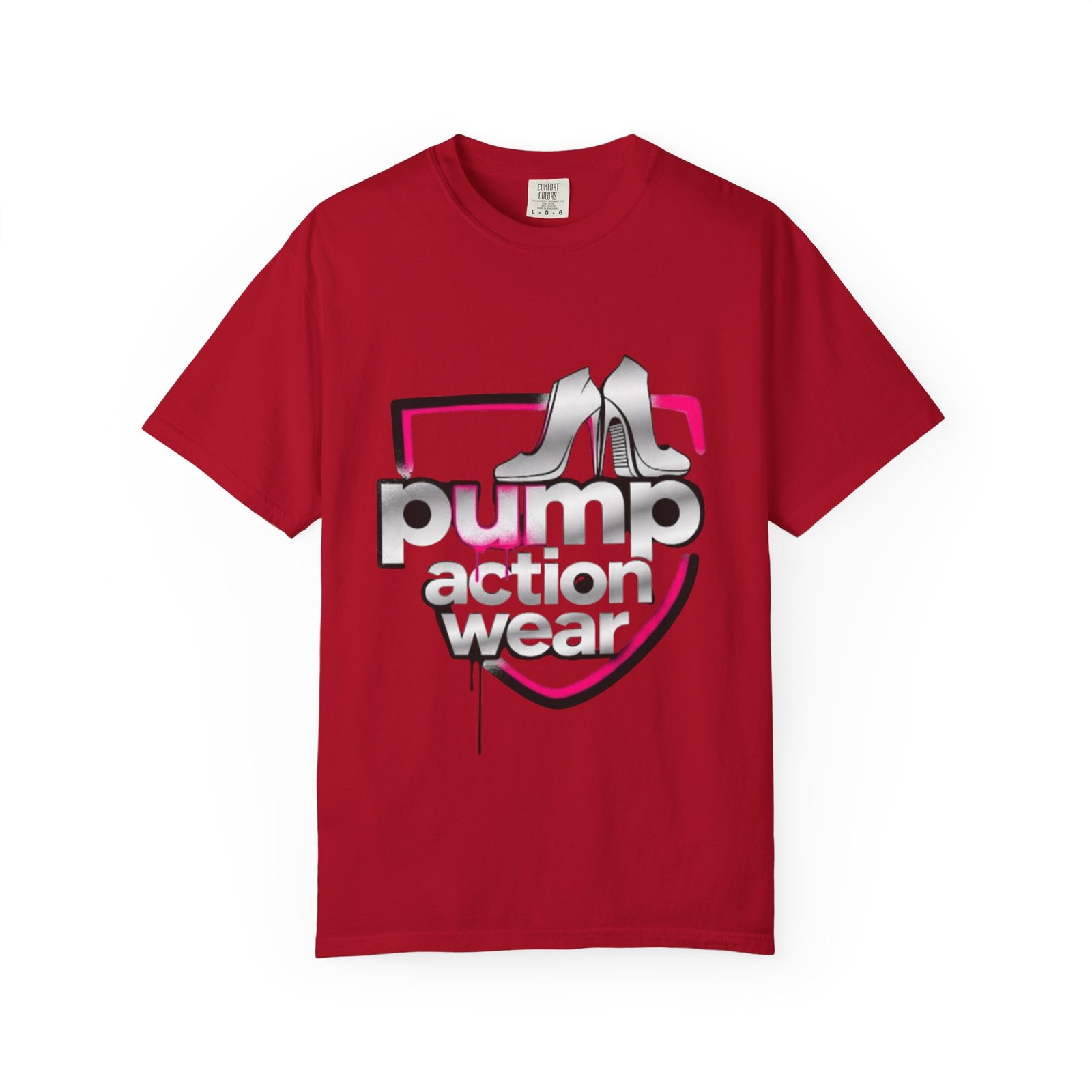 Pump Action Wear T-Shirt — Retro Metallic Heels Logo Tee - Image 53