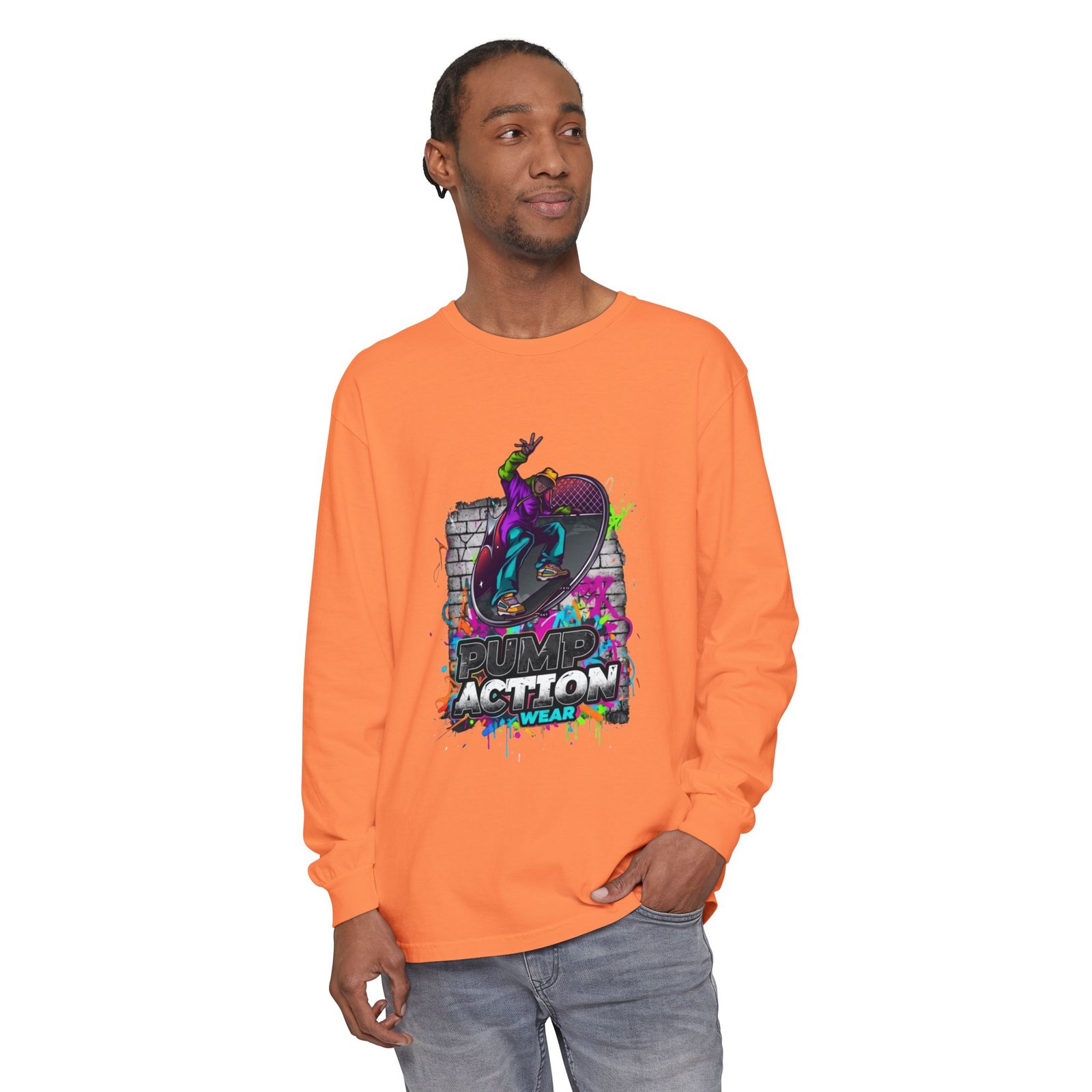 Skate Action Long Sleeve T-Shirt — Neon Skateboard Graphic - Image 7