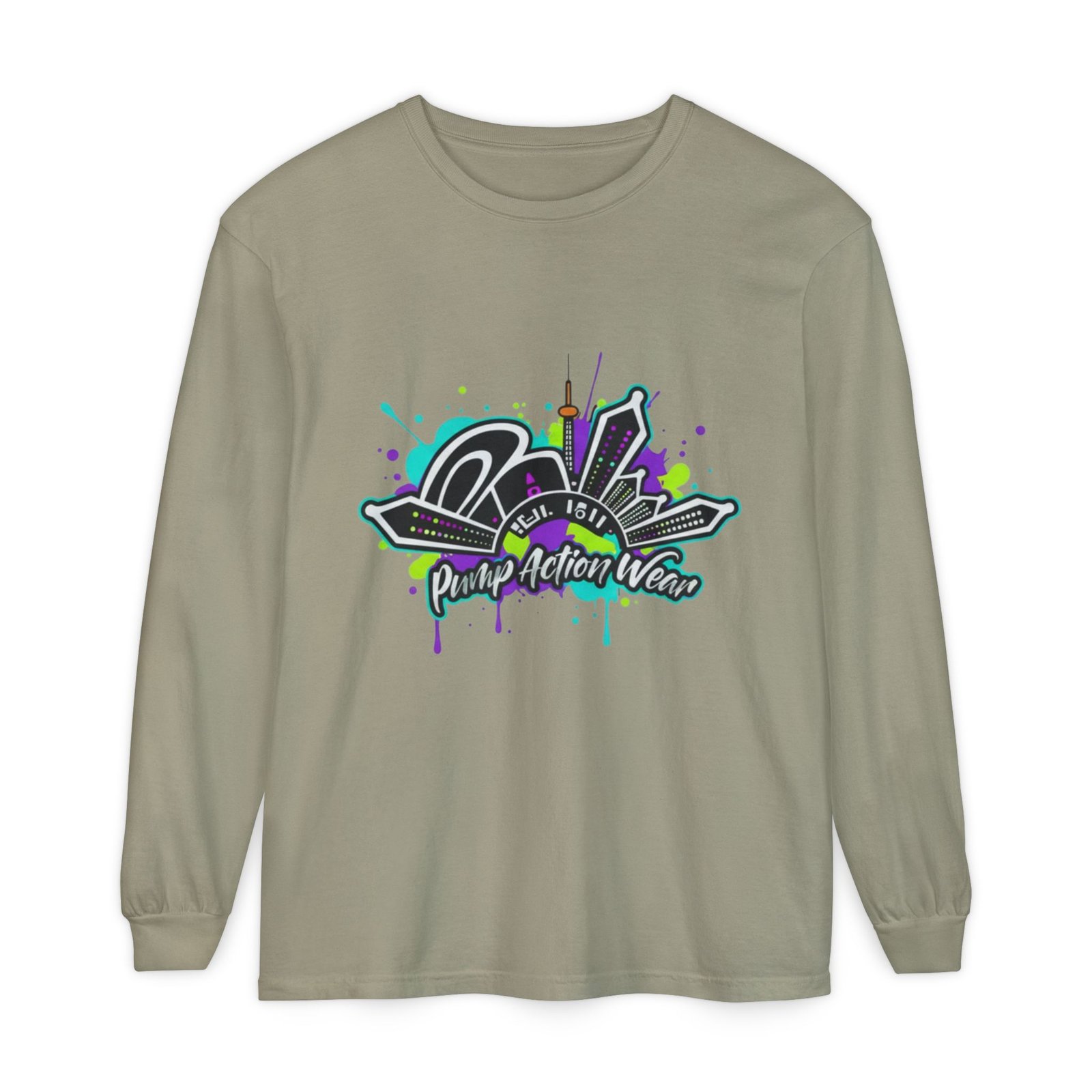 Graphic Long Sleeve T-Shirt — 'Pump Action Wear' Urban Graffiti City Design - Image 29