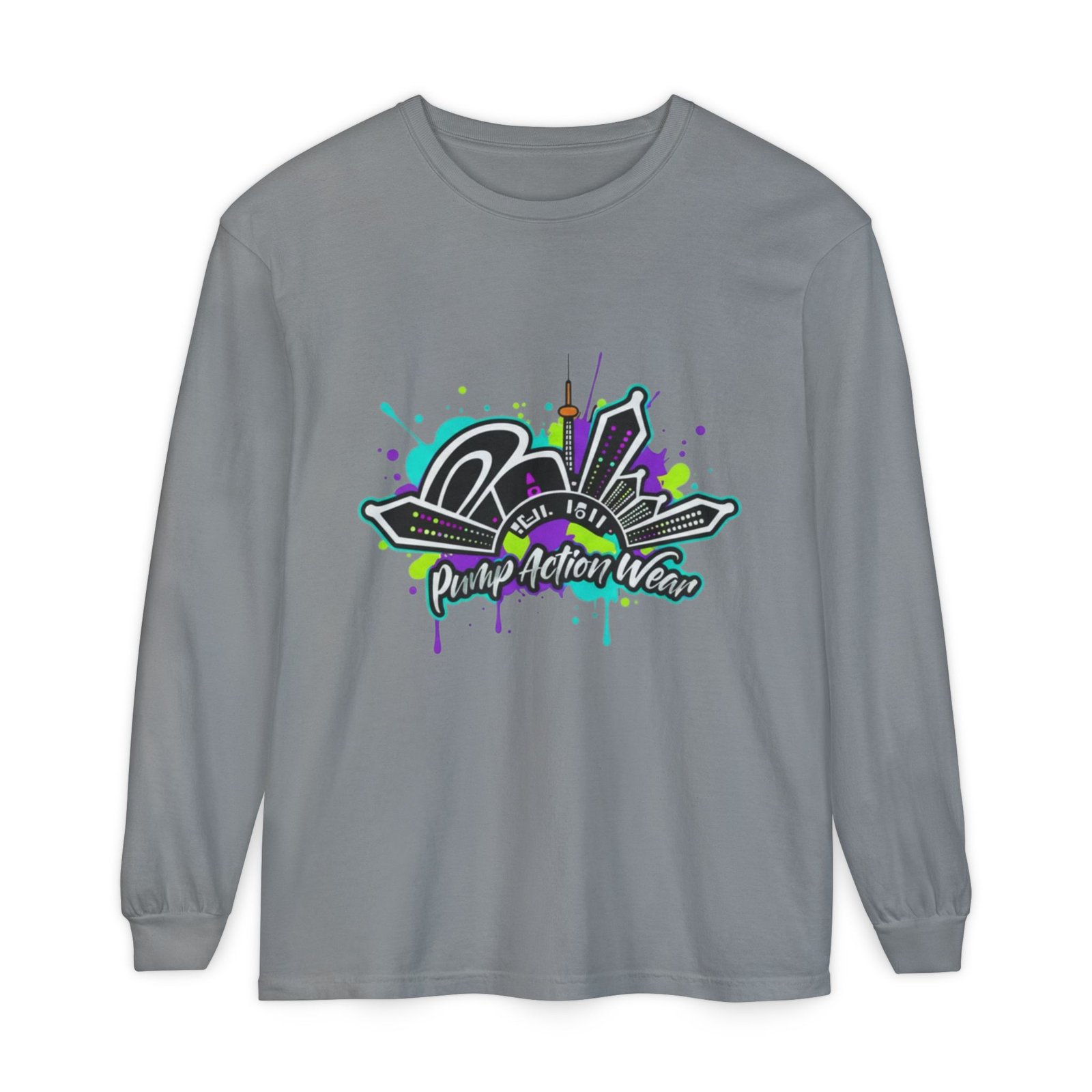 Graphic Long Sleeve T-Shirt — 'Pump Action Wear' Urban Graffiti City Design - Image 37
