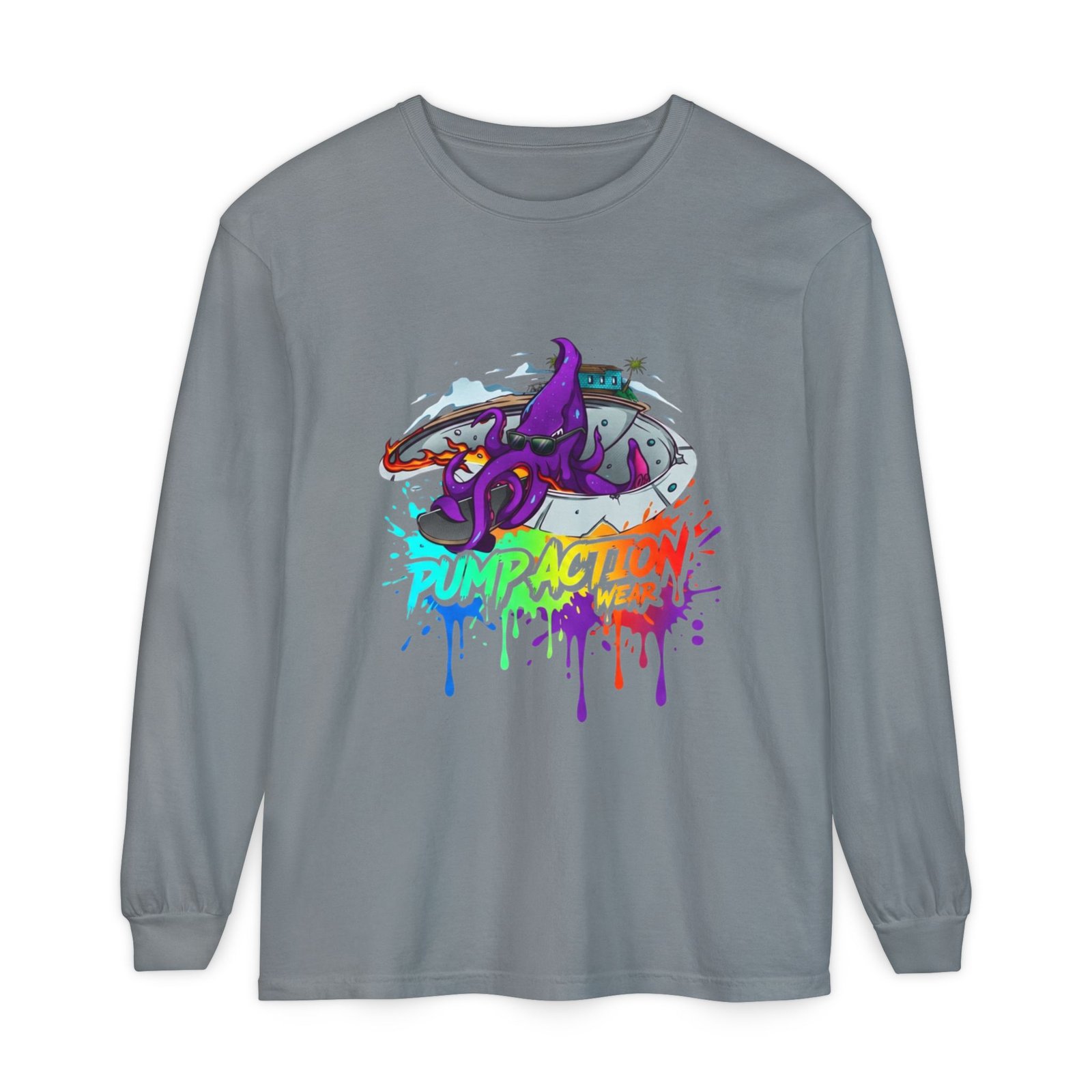 Long Sleeve T‑Shirt — 'Pump Action' Colorful Octopus Skate Graphic - Image 41