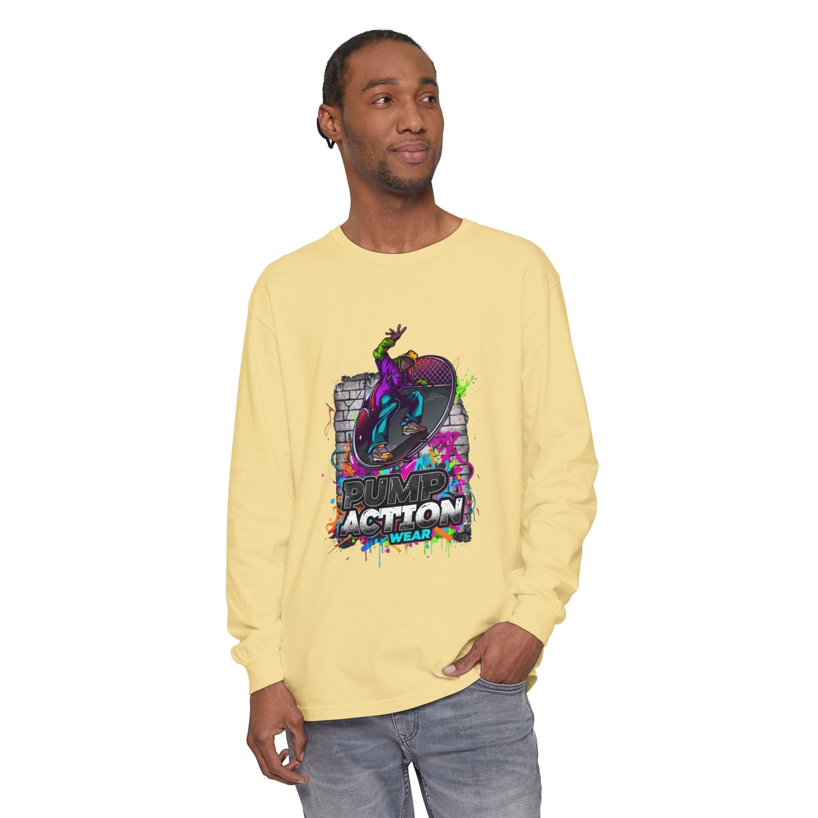 Skate Action Long Sleeve T-Shirt — Neon Skateboard Graphic - Image 31