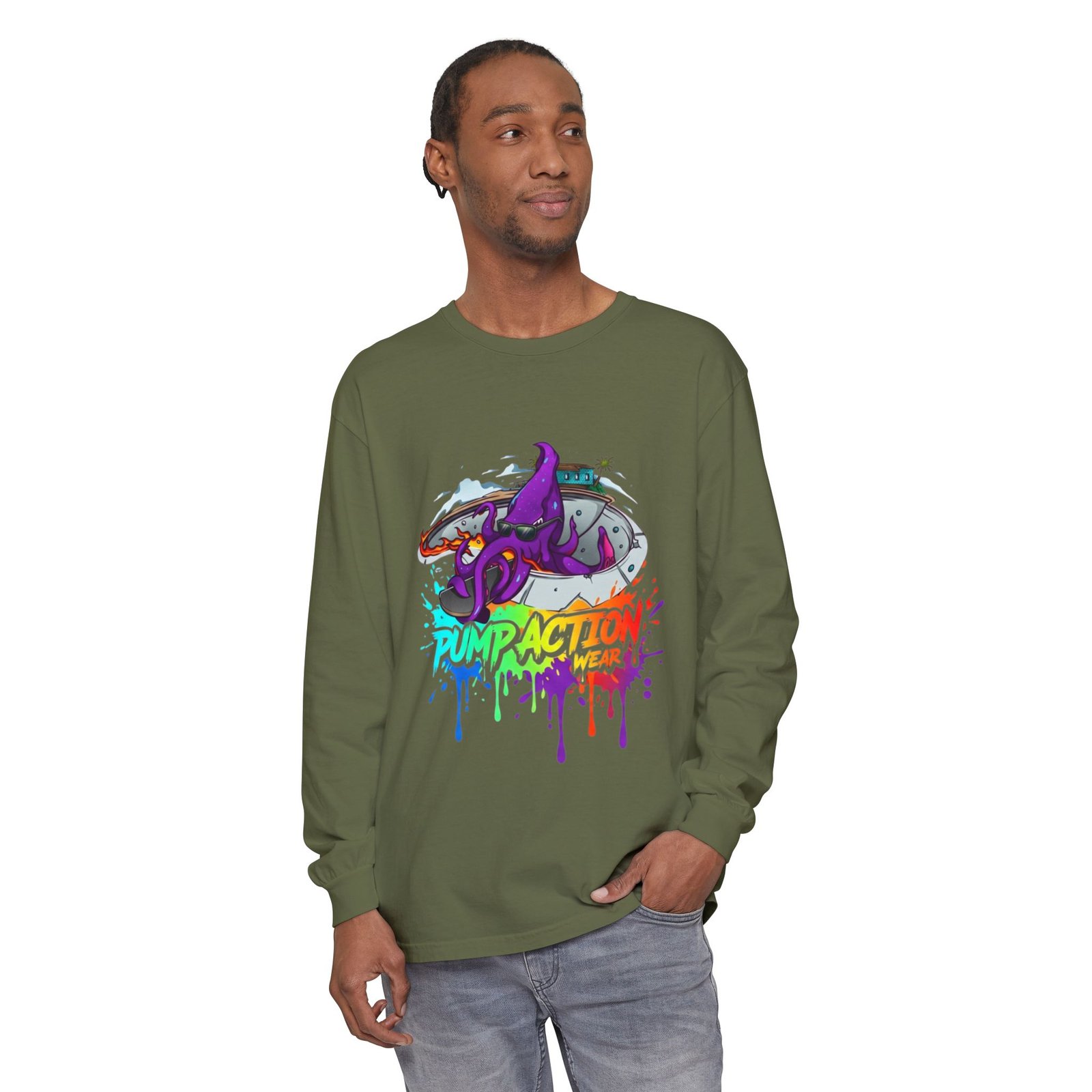 Long Sleeve T‑Shirt — 'Pump Action' Colorful Octopus Skate Graphic - Image 35
