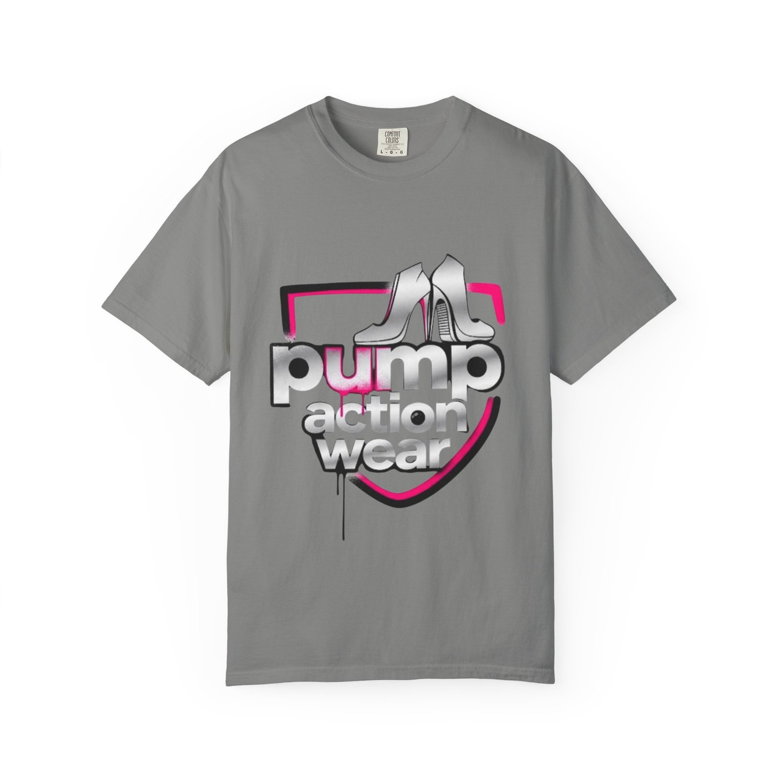 Pump Action Wear T-Shirt — Retro Metallic Heels Logo Tee - Image 33