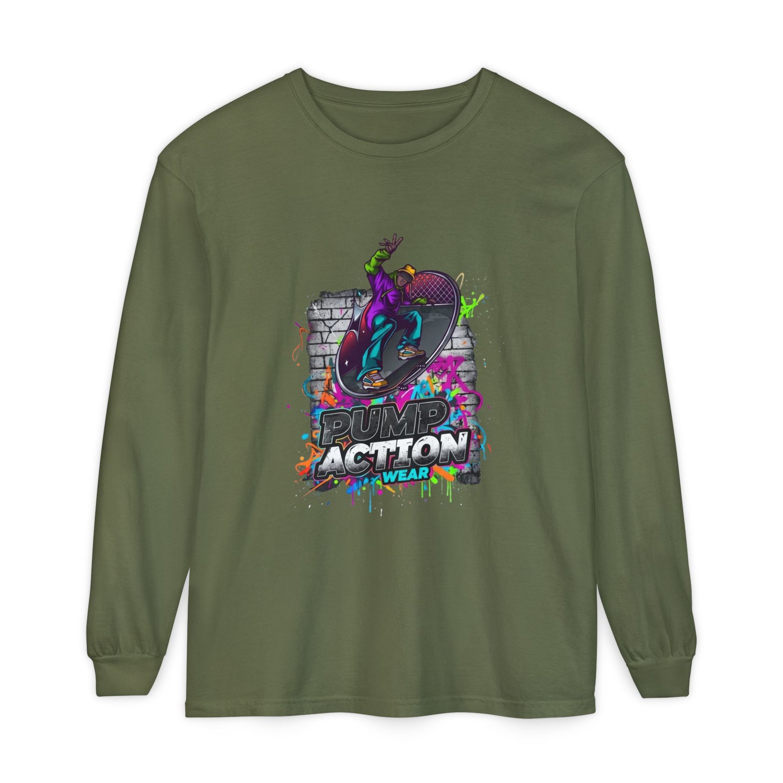 Skate Action Long Sleeve T-Shirt — Neon Skateboard Graphic - Image 45