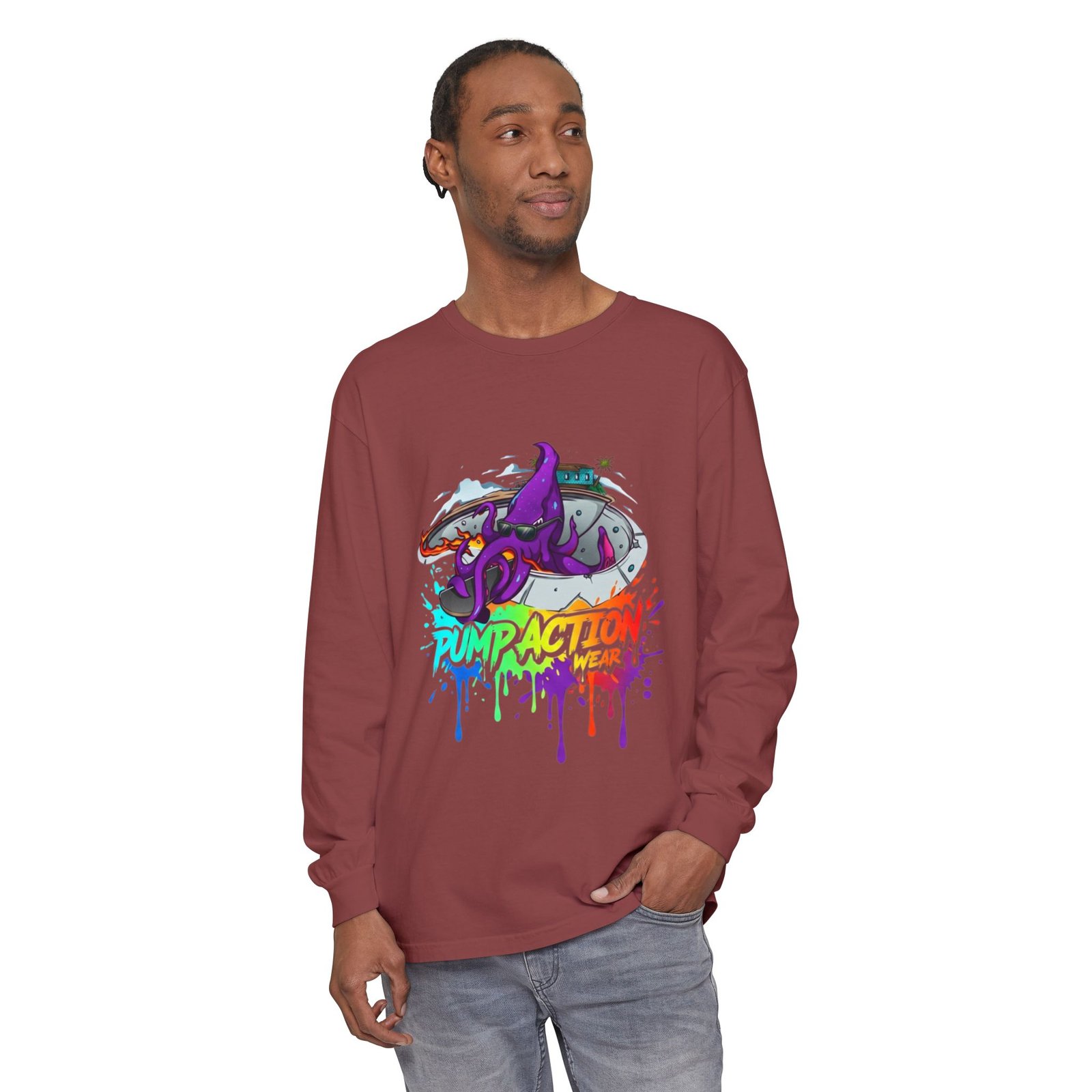 Long Sleeve T‑Shirt — 'Pump Action' Colorful Octopus Skate Graphic - Image 15