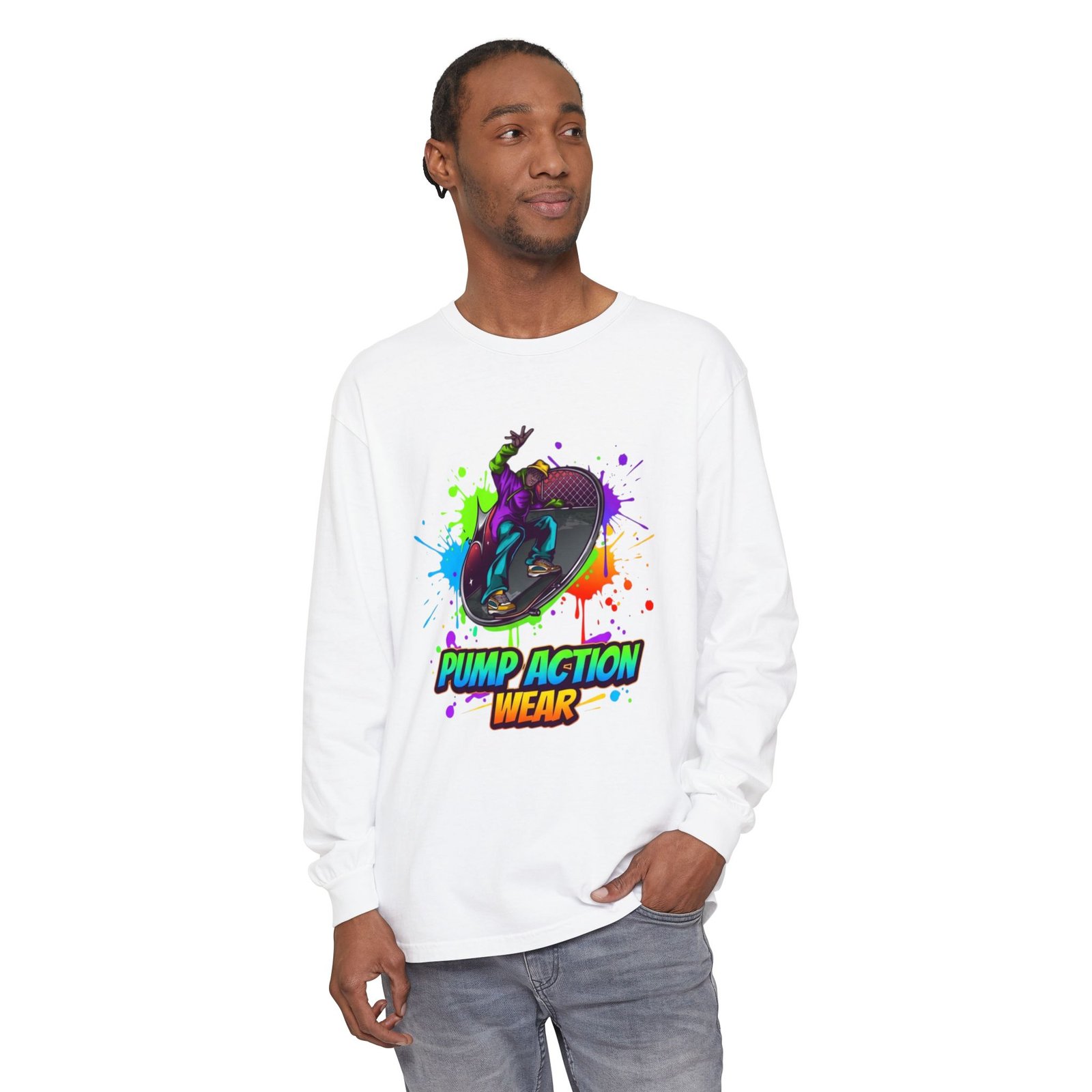 Long Sleeve T-Shirt — "Pump Action Wear" Paint-Splash Skate Graphic - Image 3
