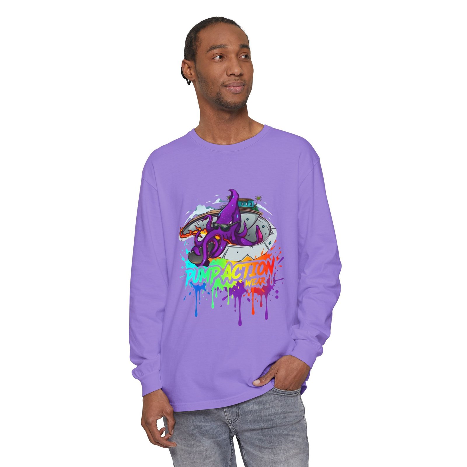 Long Sleeve T‑Shirt — 'Pump Action' Colorful Octopus Skate Graphic - Image 55