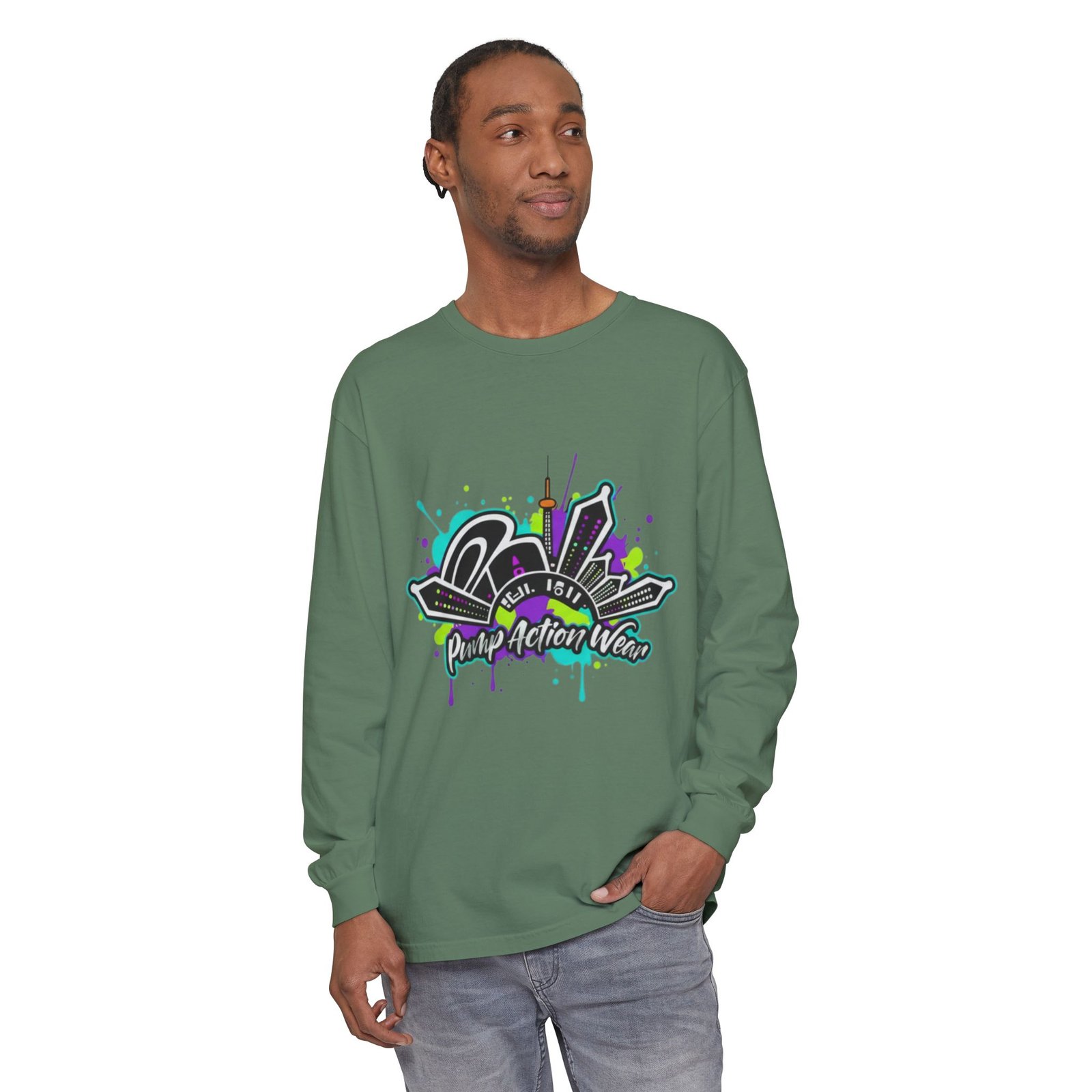 Graphic Long Sleeve T-Shirt — 'Pump Action Wear' Urban Graffiti City Design - Image 47