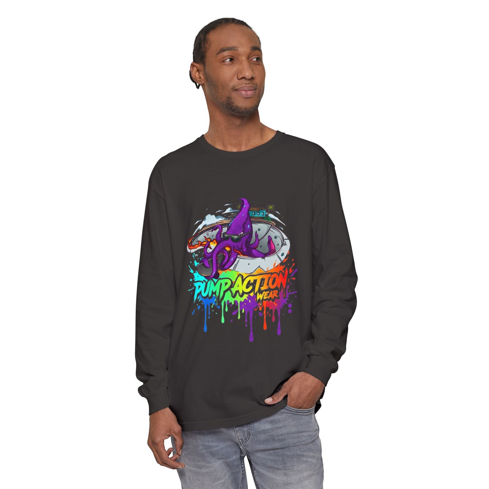 Long Sleeve T‑Shirt — 'Pump Action' Colorful Octopus Skate Graphic - Image 47