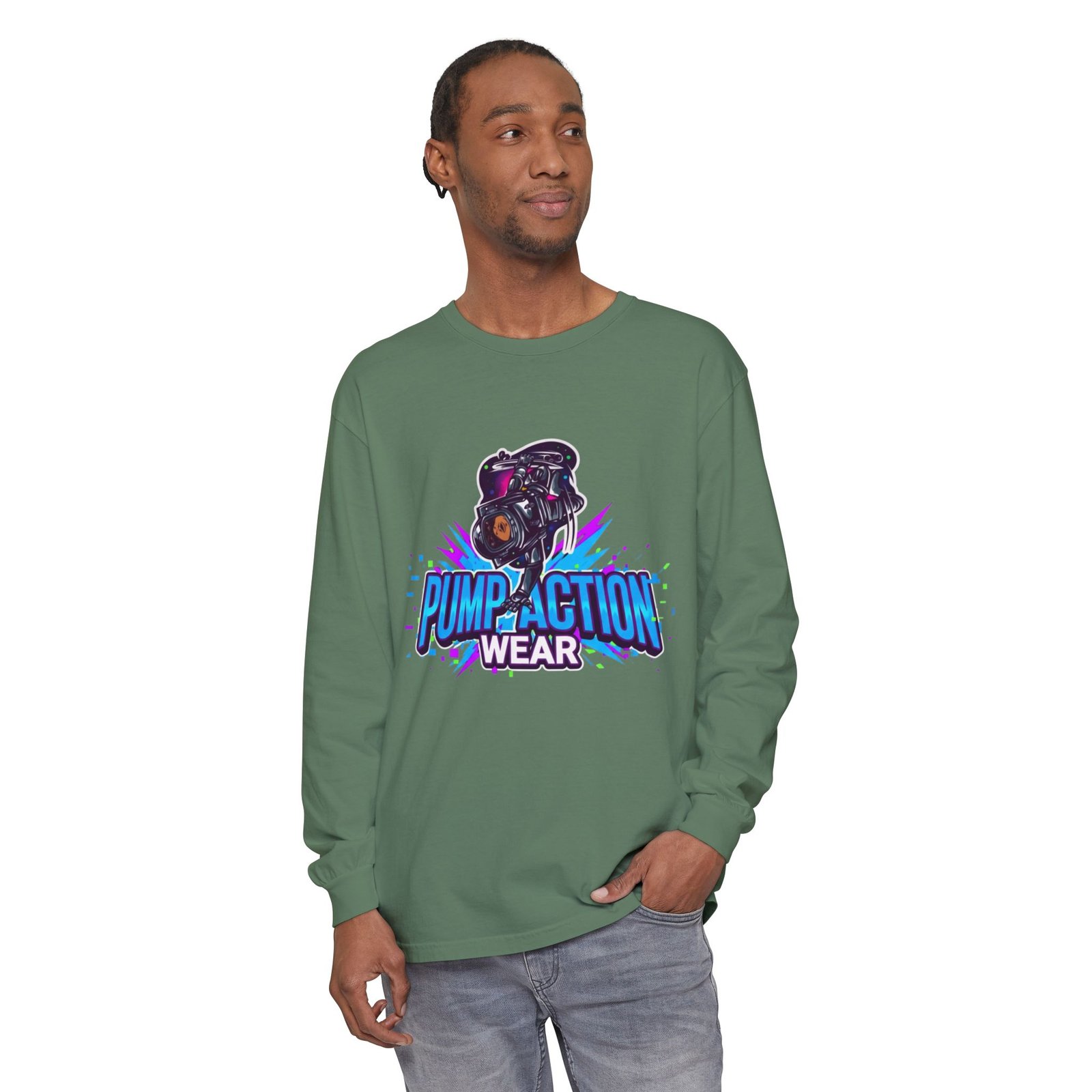 Pump Action Wear Long Sleeve T‑Shirt — Graphic Gun Logo Streetwear - Image 43