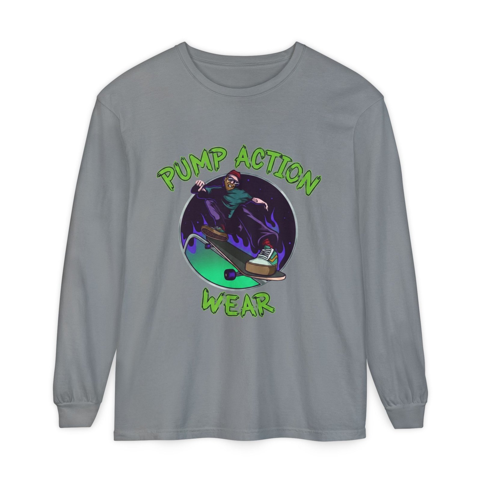 Skateboarder Graphic Long Sleeve Tee — "Pump Action Wear" - Image 37