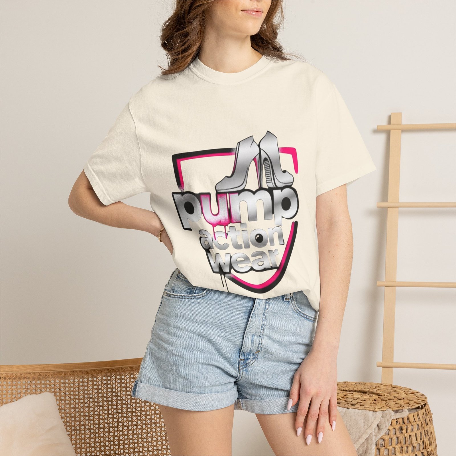 Pump Action Wear T-Shirt — Retro Metallic Heels Logo Tee - Image 12