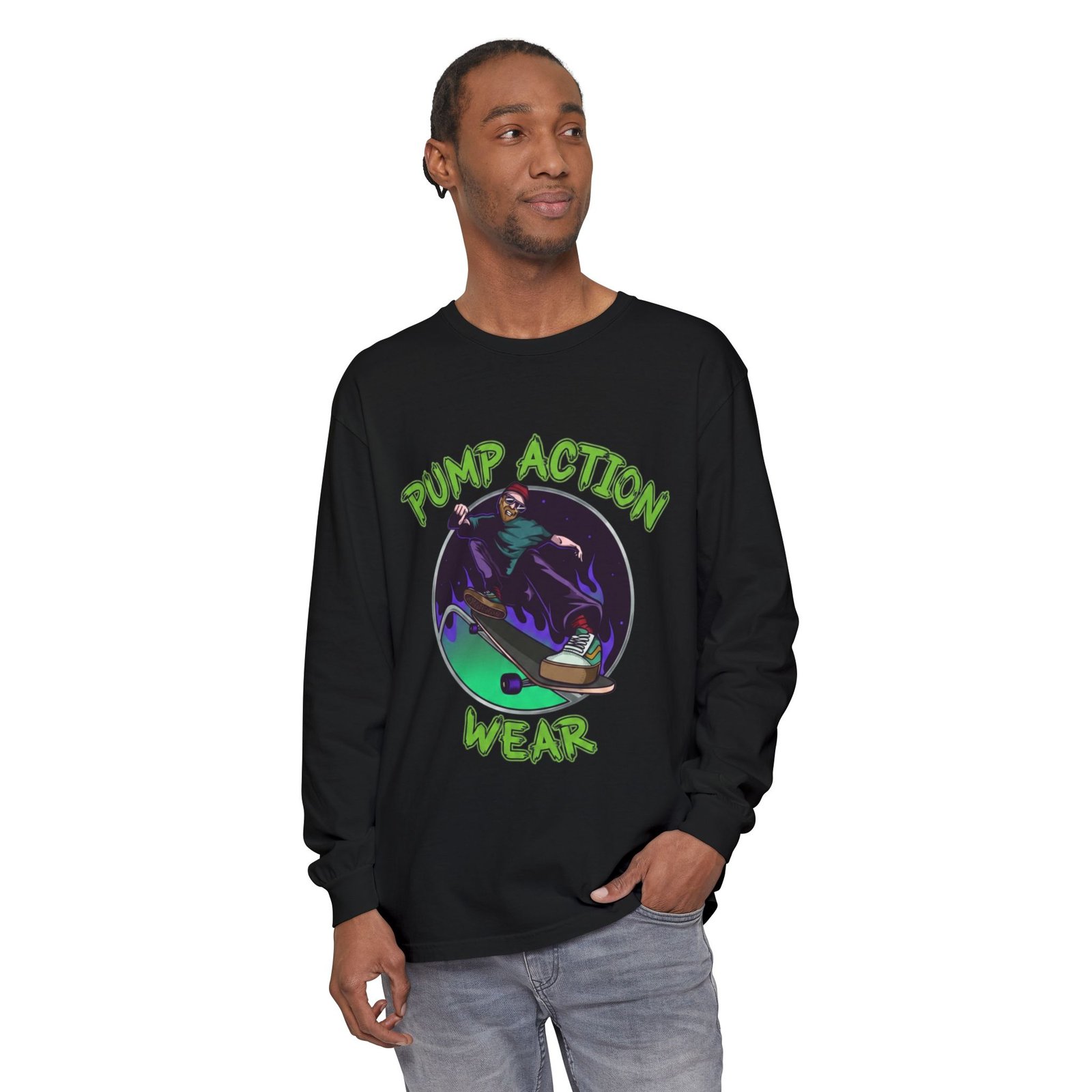 Skateboarder Graphic Long Sleeve Tee — "Pump Action Wear" - Image 59