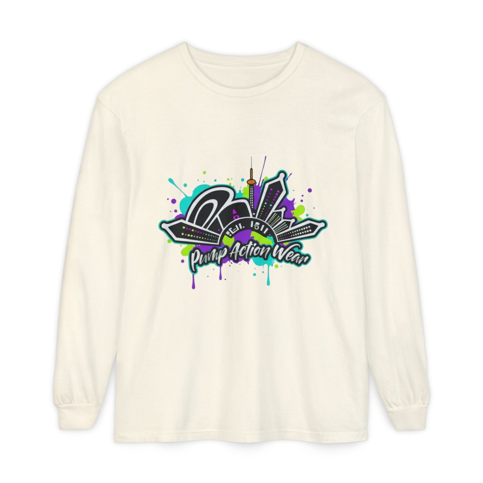 Graphic Long Sleeve T-Shirt — 'Pump Action Wear' Urban Graffiti City Design - Image 17