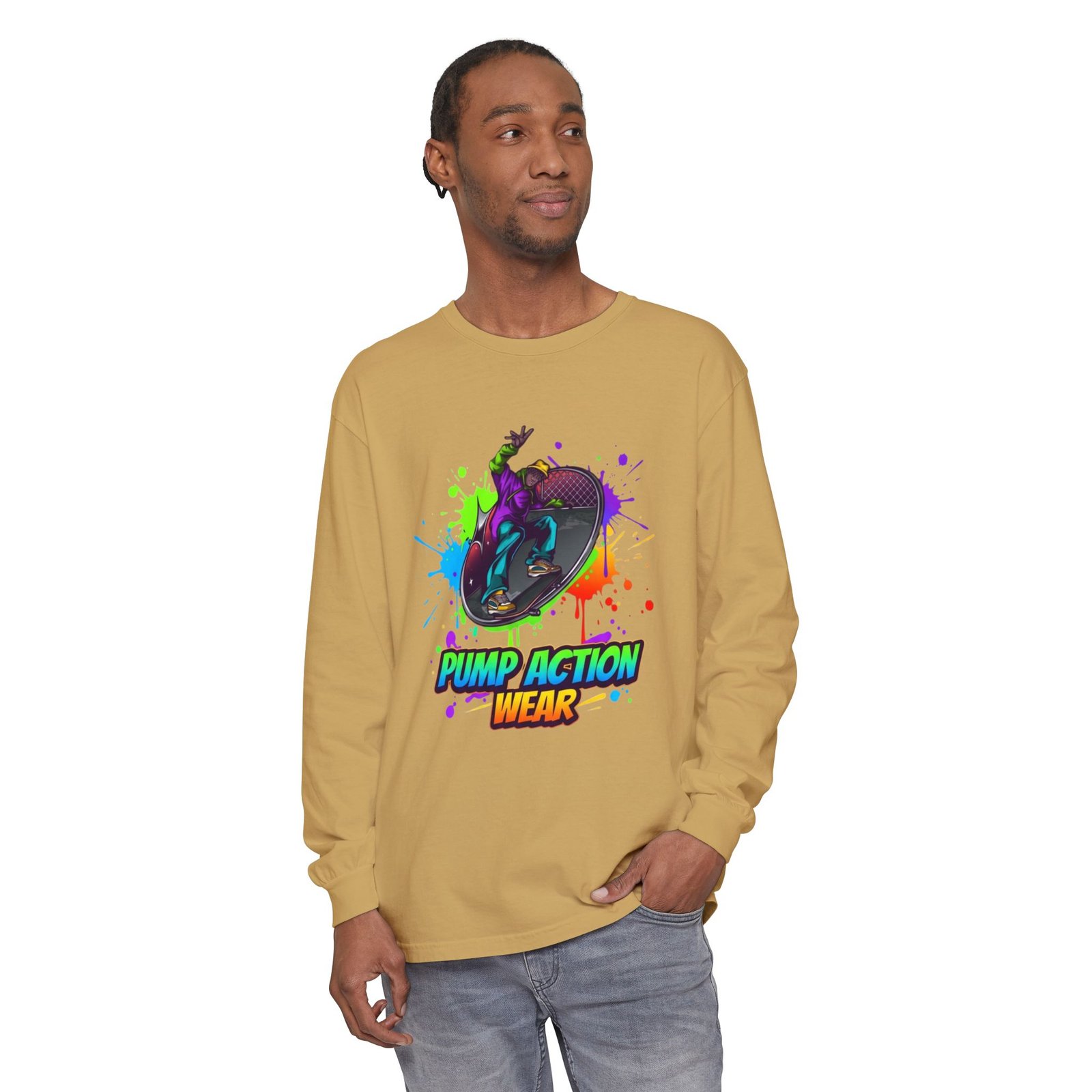 Long Sleeve T-Shirt — "Pump Action Wear" Paint-Splash Skate Graphic - Image 23