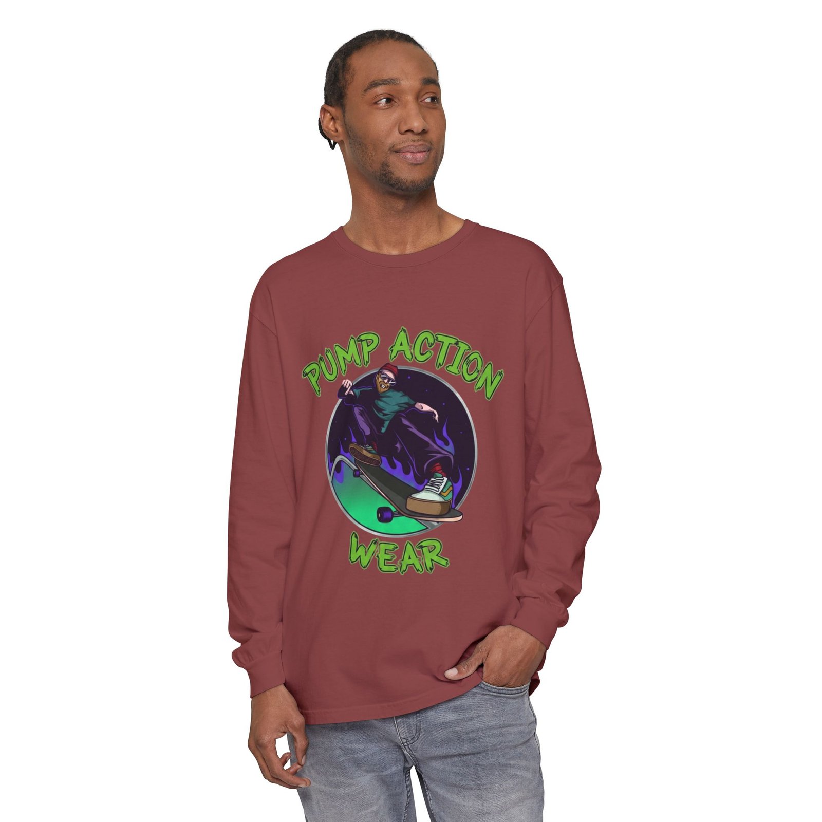 Skateboarder Graphic Long Sleeve Tee — "Pump Action Wear" - Image 15