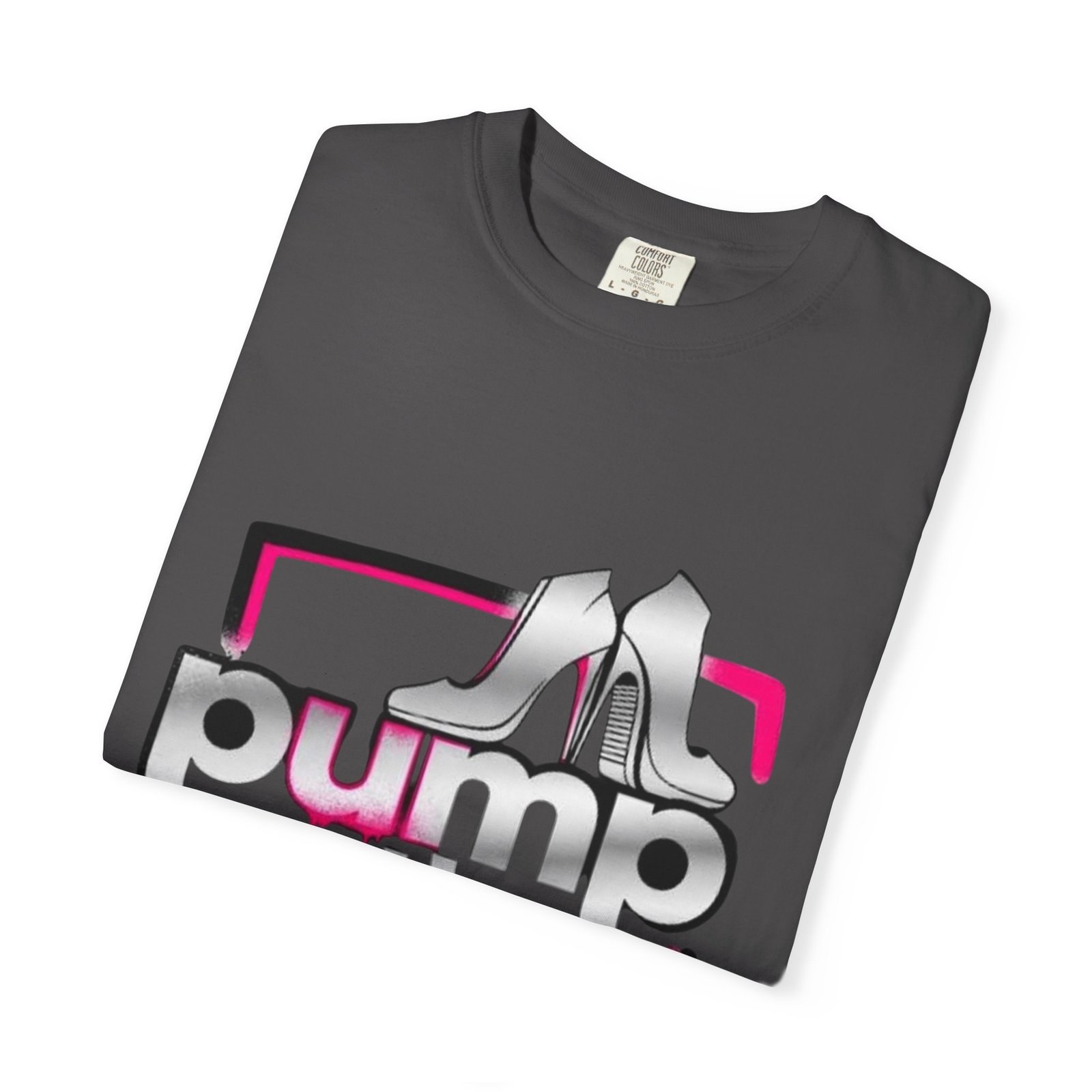 Pump Action Wear T-Shirt — Retro Metallic Heels Logo Tee - Image 43