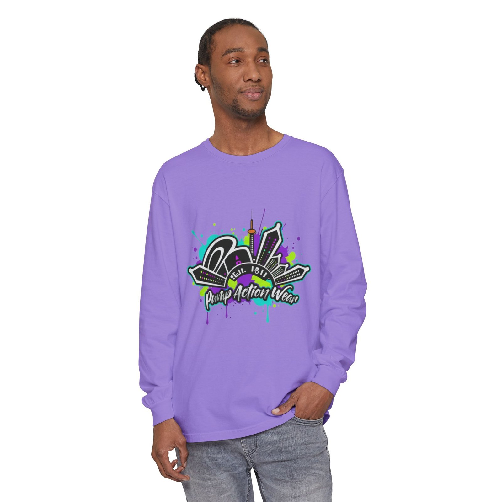 Graphic Long Sleeve T-Shirt — 'Pump Action Wear' Urban Graffiti City Design - Image 63