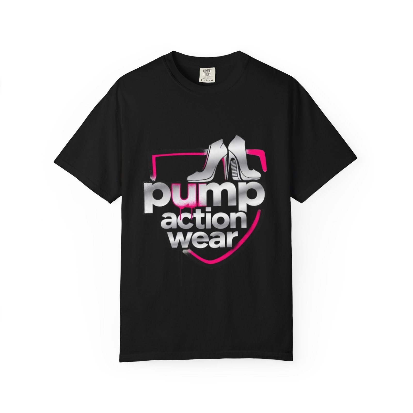 Pump Action Wear T-Shirt — Retro Metallic Heels Logo Tee - Image 45